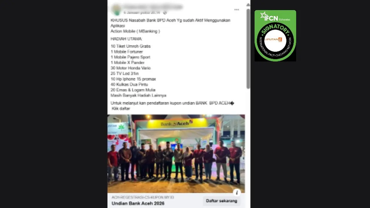 Tangkapan layar postingan klaim link pendaftaran undian Bank Aceh yang beredar di Facebook. Cek faktanya