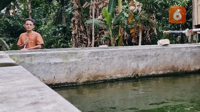 Rodin Pakaya membersihkan kolam ikan miliknya, saat pekerjanya pulang berlibur. Foto: Istimewa (Arfandi Ibrahim/Liputan6.com)