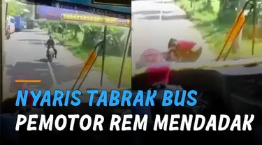 Aksi membahayakan terekam kamera ketika bus menghindari macet dan membuat seorang pengendara motor rem mendadak hingga turun dari motor.