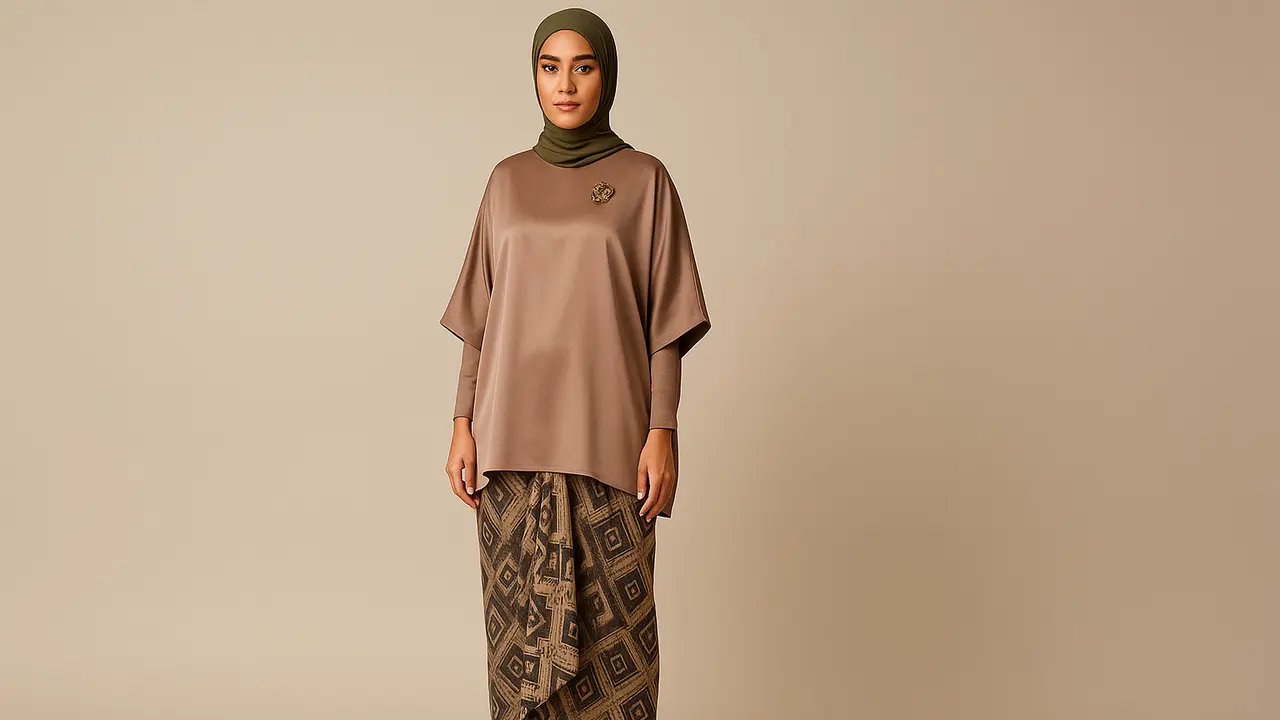 Model Tunik Polos Berbahan Satin Dipadukan dengan Rok Lilit Motif Etnik (Foto: ChatGPT)