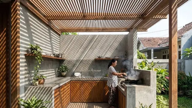 Dapur Desain Kisi-kisi Kayu (Louvered Roof) (Gemini AI)