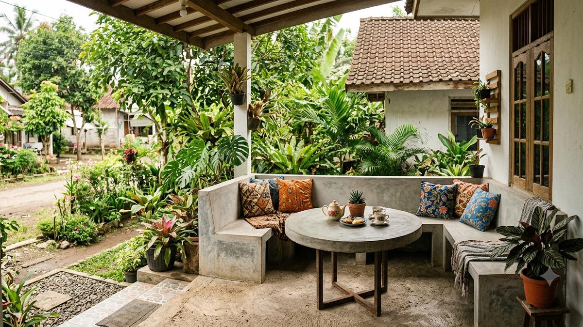 8 Ide Membuat Sudut Santai di Teras Rumah dengan Meja Semen dan Tanaman Rindang