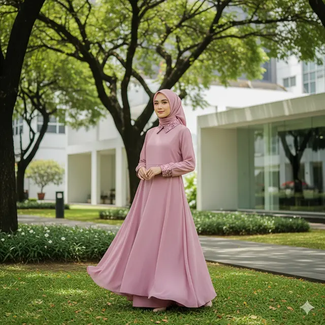 Dress Panjang Chiffon Flowy Kombinasi Brokat Muslim