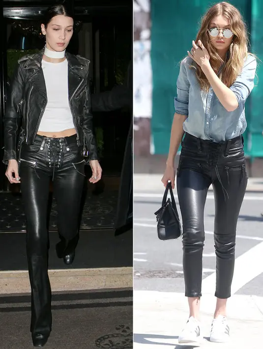 Sama-sama memakai celana kulit, Bella dan Gigi terlihat sangat kompak meski menggunakannya di momen berbeda. (SPLASH NEWS; MARC PIASECKI/GC IMAGES/InStyle)