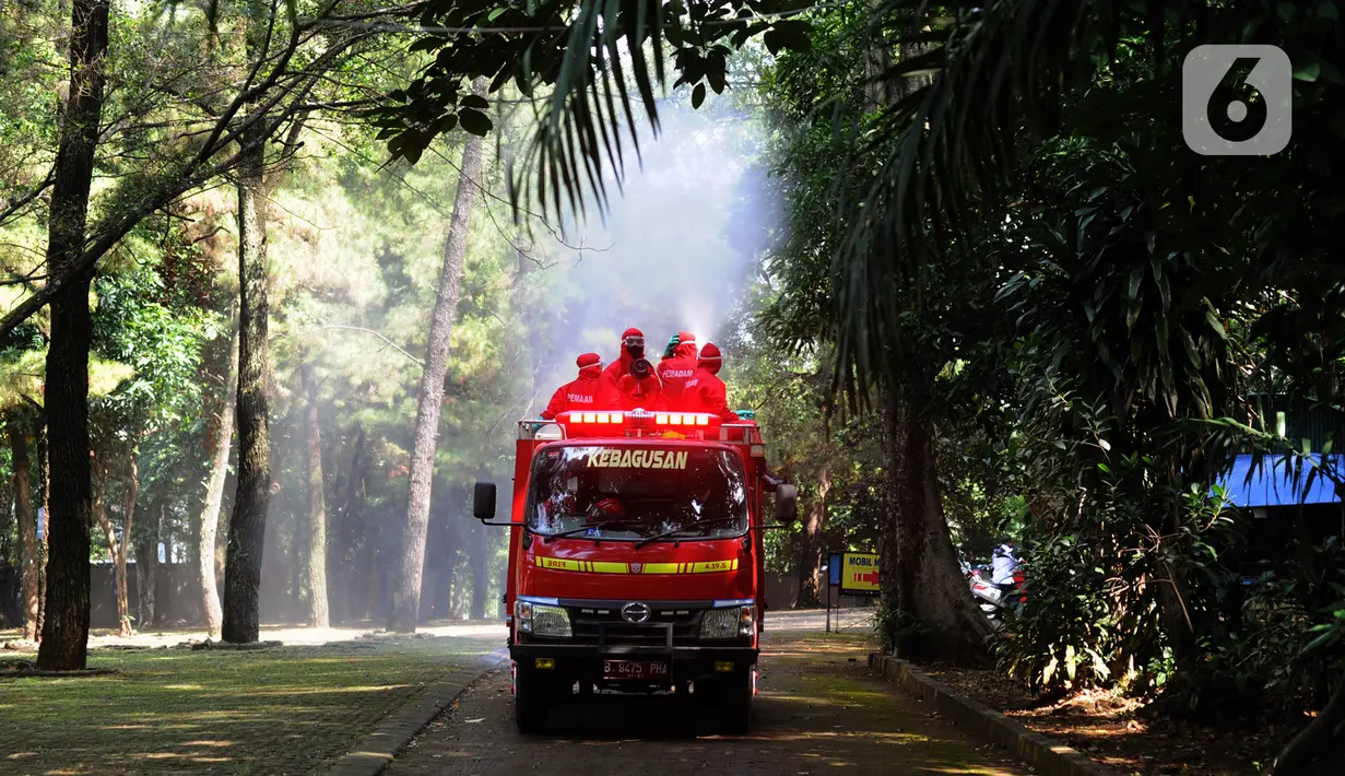 Petugas pemadam kebakaran Sudin Jaksel melakukan penyemprotan disinfektan di Kebun Bintang Ragunan, Jakarta, Rabu (17/6/2020). Penyemprotan dilakukan jelang pembukaan kembali Kebun Binatang Ragunan untuk umum pada 20 Juni mendatang. (merdeka.com/Arie Basuki)