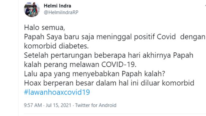 Unggahan akun Helmi Indra, @HelmiIndraRP pada 15 Juli 2021 (Twitter @HelmiIndraRP)