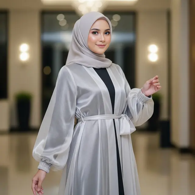 Model Gamis Outer Transparan dengan Aksen Tali Pinggang (Image by Gemini AI)