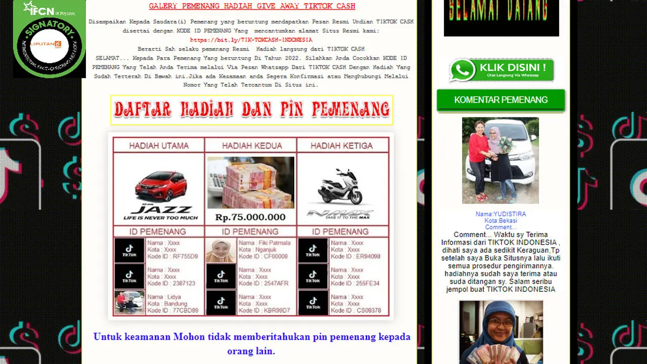 Tangkapan layar informasi TikTok Indonesia membagikan hadiah mobil hingga uang Rp 75 juta