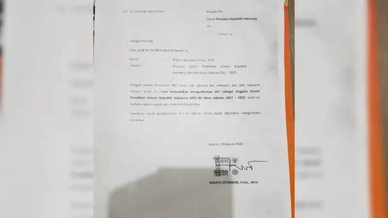 Surat pengunduran diri Wahyu Setiawan