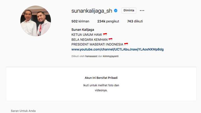 saat ini Sunan Kalijaga memilih untuk mengunci akun Instagram-nya. (instagrm.com/berita_gosip)