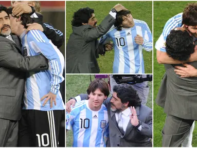 Diego Maradona dan Lionel Messi merupakan dua pesepak bola terbaik dan terbesar yang pernah ada di dunia. Keduanya pernah bekerja sama saat membela Timnas Argentina di Piala Dunia 2010 di Afrika Selatan. Berikut momen kedekatan mereka.