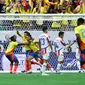 Daniel Munoz merayakan gol pertama timnya pada pertandingan sepak bola grup D turnamen Conmebol 2024 Copa America antara Kolombia dan Paraguay di Stadion NRG di Houston, Texas pada 24 Juni 2024.Aric Becker / AFP