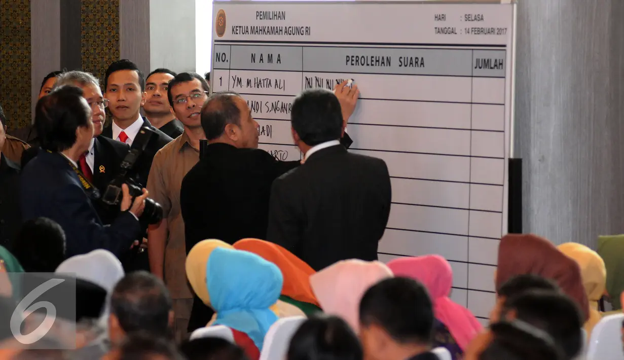 Petugas mencatat perolehan surat suara pada sidang paripurna pemilihan Ketua Mahkamah Agung periode 2017-2022 di Jakarta, Selasa (14/2). Hatta Ali kembali memimpin MA setelah dipilih 38 dari 47 Hakim Agung. (Liputan6.com/Helmi Fithriansyah)