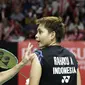 Ganda putri Indonesia, Greysia Polii, menyemangati Apriyani Rahayu saat melawan ganda Jepang pada Indonesia Masters 2019 di Istora Senayan, Jakarta, Sabtu (26/1). Greysia / Apriyani melaju ke final. (Bola.com/Yoppy Renato)