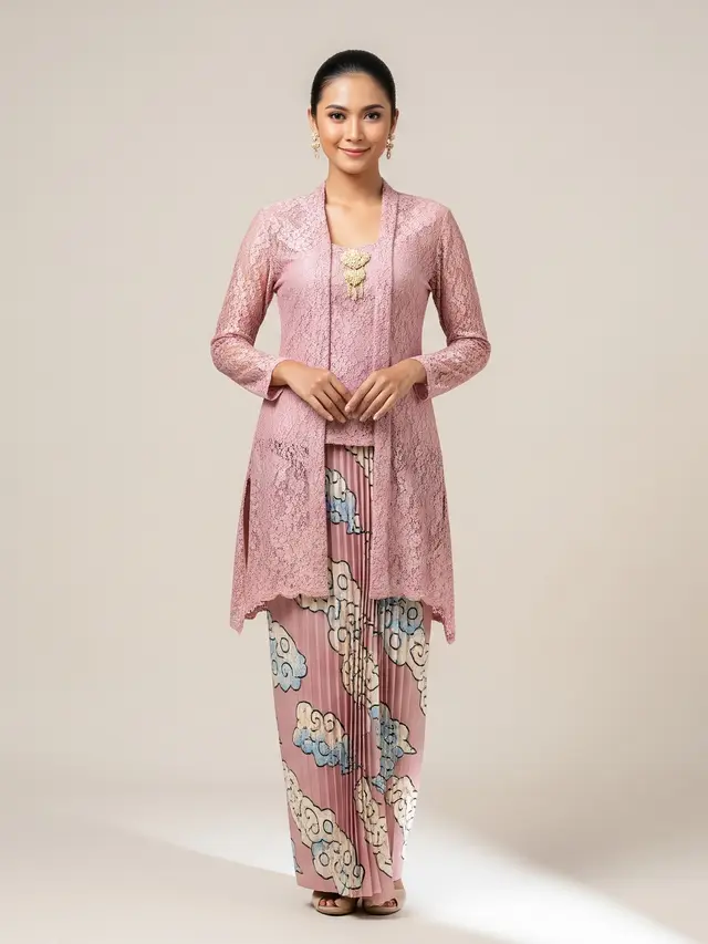 Model Tunik Longgar Belah Samping dengan Rok Plisket Megamendung