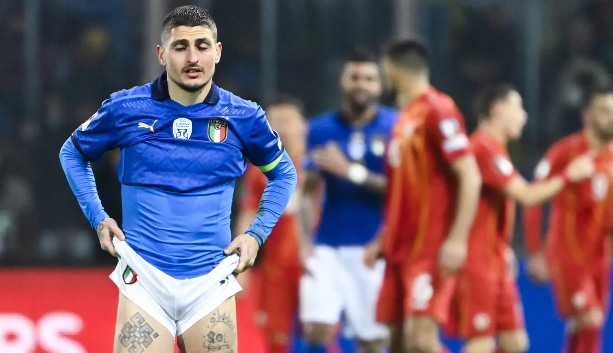 Timnas Italia harus menelan pil pahit usai dipastikan gagal tampil di final Piala Dunia di Qatar. (AFP/Alberto Pizzoli)
