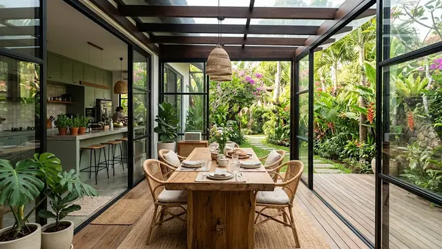 Desain Ruang Makan Semi Outdoor di Antara Dapur dan Taman/AI Generated
