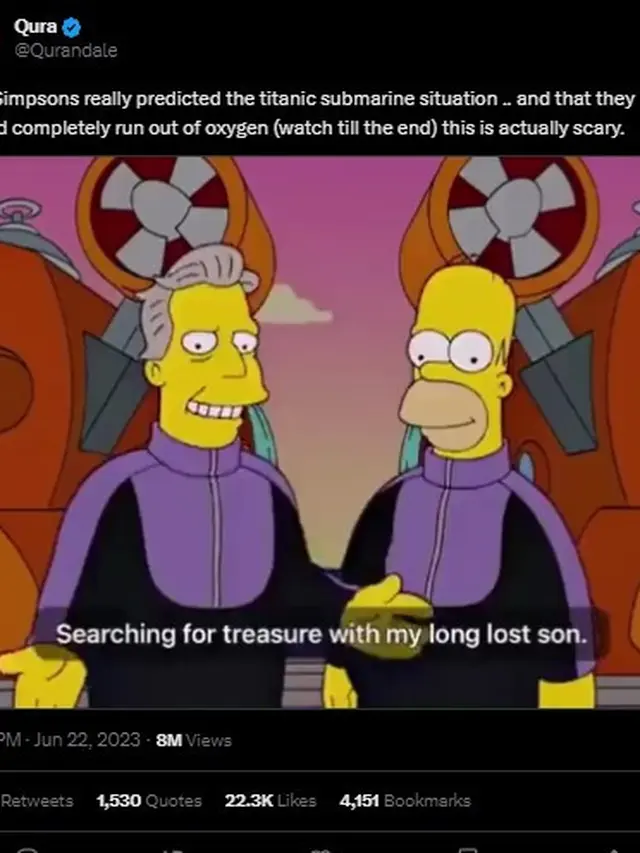 Unggahan warganet soal The Simpsons dan tragedi kapal selam wisata Titanic. (Twitter/ Qurandale)