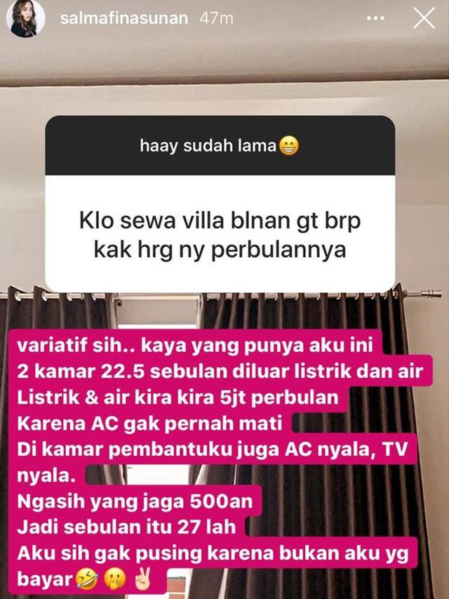 Salmafina Sunan Bocorkan Biaya Sewa Vila Selama di Bali 