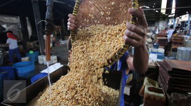 Pekerja tengah mengangkat kacang kedelai untuk dijadikan bahan dasar pembuatan tahu di Jakarta, Rabu (6/1/). Indonesia masih bergantung pada kedelai impor karena minimnya produksi kedelai di dalam negeri. (Liputan6.com/Angga Yuniar)