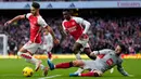 Arsenal sukses mengamankan tiga poin setelah menjamu Sheffied United pada pekan ke-10 Liga Inggris. Skuad racikan Mikel Arteta itu menang 5-0 atas tim tamu. (AP Photo/Kirsty Wigglesworth)