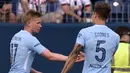 Gelandang Manchester City, Kevin DeBruyne, melakukan selebrasi usai mencetak gol ke gawang Tottenham Hotspur pada laga ICC 2017 di Stadion Nissan, Nashville, AS (29/7/2017). Manchester City menang 3-0 atas Tottenham Hotspur. (AP/Mark Zaleski)