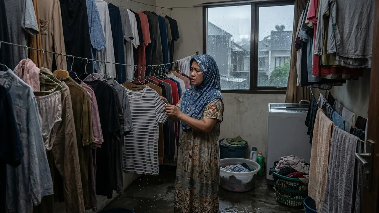 Pakaian Sulit Kering saat Musim Hujan (AI Generated)