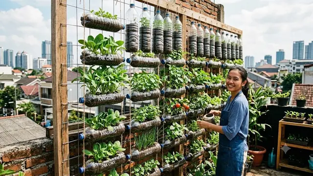 Botol Plastik Bekas Disusun Vertikal agar Hemat Tempat (AI Generated)
