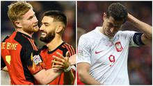 Foto kolase saat Kevin De Bruyne mencetak satu gol bagi kemenangan 2-1 Belgia atas Wales dalam matchday 5 Grup 4 UEFA Nations League A 2022/2023. Sedangkan Robert Lewandowski yang tajam bersama Barcelona kali ini tidak menunjukkan kemampuan terbaiknya ketika Polandia dikalahkan Belanda dengan skor 2-0 di Stadion Narodowy. (Foto-foto: AFP/John Thys, AP Photo/Michal Dyjuk)
