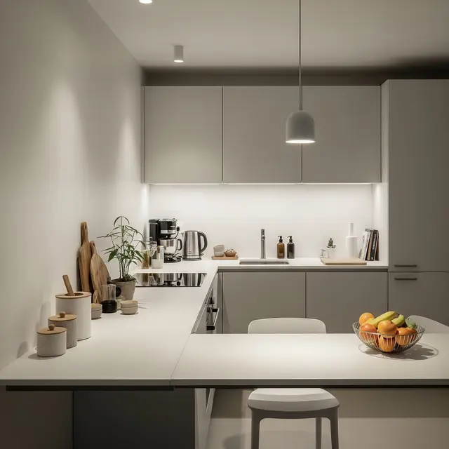 Dapur Rumah Minimalis Menyatu Ruang Makan dengan Meja Keramik Simpel