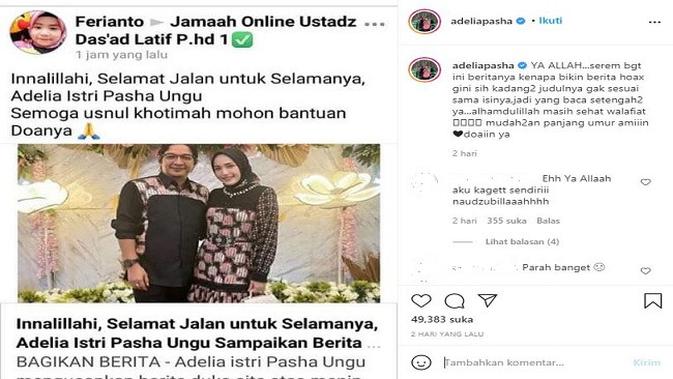 Gambar Tangkapan Layar Unggahan dari Akun Instagram @adeliapasha