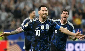 Selebrasi Lionel Messi ketika Argentina melawan Yordania di Piala Dunia 2026 (AFP)