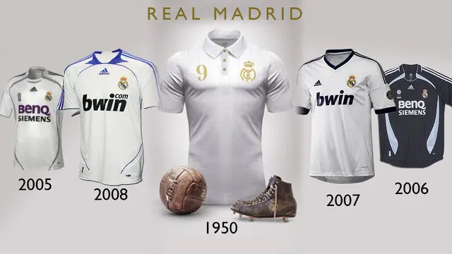 Video jersey sepak bola klub Real Madrid dari tahun 1950 hingga 2016.