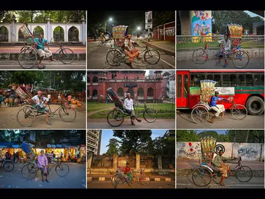 Gambar kombinasi dari dua belas foto yang dibuat pada tanggal 19 Desember 2023 ini menunjukkan pengemudi becak sepeda Bangladesh berpose untuk potret dengan kendaraan mereka di jalanan Dhaka. (Munir UZ ZAMAN/AFP)