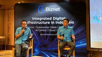 Senior Manager Marketing Biznet, Adrianto Sulistyo bersama Vice President Marketing Biznet, Hutomo Siswanto di konferensi pers 'Biznet 25th Anniversary', Rabu (1/10/2025) di Jakarta. Liputan6.com/Iskandar
