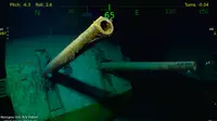 Reruntuhan bangkai kapal induk Amerika Serikat (AS), USS Juneau, dari era Perang Dunia II di dekat perairan Kepulauan Solomon, 19 Maret 2018. Bangkai kapal ditemukan pada kedalaman 3.962 meter di bawah permukaan laut. (Paul G. Allen via AP)