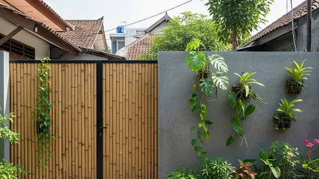 Pagar Bambu dengan Kombinasi Dinding Abu-abu