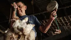 Seorang pria membawa ayam untuk ditimbang sebelum pengiriman di sebuah peternakan unggas, Jakarta pada 4 April 2026. Harga sejumlah komoditas pangan masih menunjukkan tren tinggi. (YASUYOSHI CHIBA/AFP)