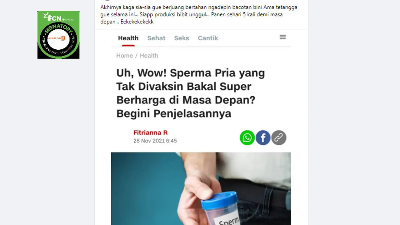 Cek Fakta Liputan6.com menelusuri klaim sperma pria yang tak divaksin berharga di masa depan