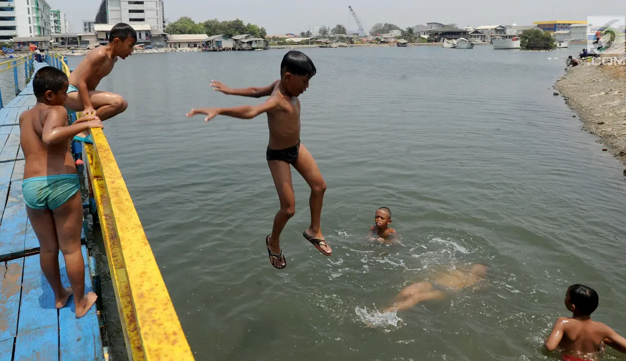 Sejumlah anak bermain dengan melompat ke air dekat tanggul laut Muara Baru di Penjaringan, Jakarta Utara, Minggu (1/9/2019). Anak-anak memanfaatkan sisi tanggul laut raksasa (giant sea wall) sebagai   tempat  bermain alternatif. (merdeka.com/Arie Basuki)