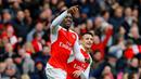 Ekspresi striker Arsenal, Danny Welbeck (kiri), setelah mencetak gol kemenangan ke gawang Leicester City dalam laga Liga Inggris di Stadion Emirates, London, Minggu (14/2/2016). (Reuters/Darren Staples)