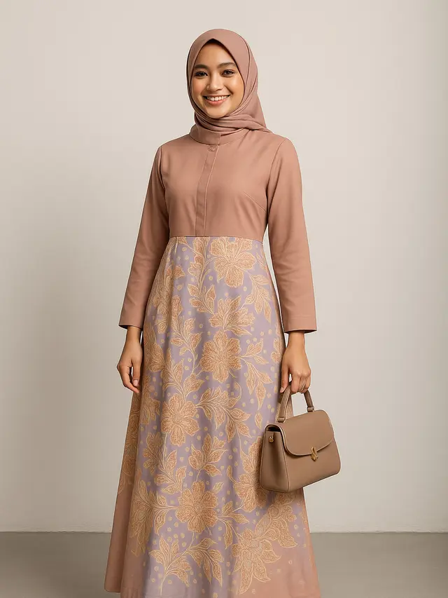 Model Gamis Batik Kombinasi Polos Kerah Shanghai 2025/ Ilustrasi gambar oleh AI