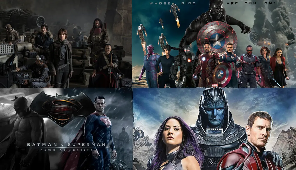 Berikut adalah film - film yang pasti anda tunggu kehadirannya, seperti Star Wars Anthology : Rogue One (kiri atas), Captain America : Civil War (kanan atas), Batman v Superman : Dawn Of Justice dan X-men : Apocalypse. (kumpulanblog.blogspot.co.id)