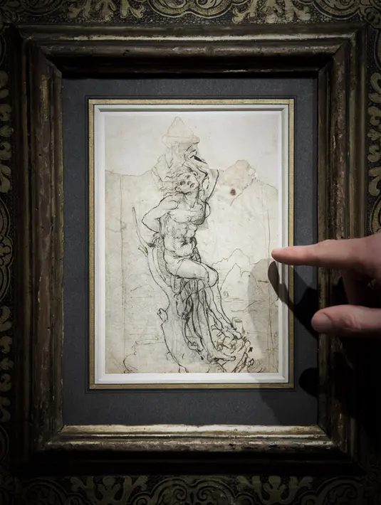 Gambar detail sketsa karya Leonardo da Vinci yang dilelang di Paris, Prancis (13/12). Menurut Ahli dari Metropolitan Museum of Art New York, karya tersebut dibuat oleh Leonardo da Vinci, di antara tahun 1482 dan 1485. (AFP/Philippe Lopez)