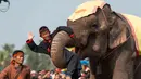 Seekor gajah menggendong seorang anak di Festival Gajah 2020 yang digelar di Provinsi Xayaboury, Laos utara, pada 22 Februari 2020. Festival tahunan yang kali ini berlangsung dari 22 Februari hingga 28 Februari tersebut telah diadakan sejak 2007 di Provinsi Xayaboury. (Xinhua/Kaikeo Saiyasane)