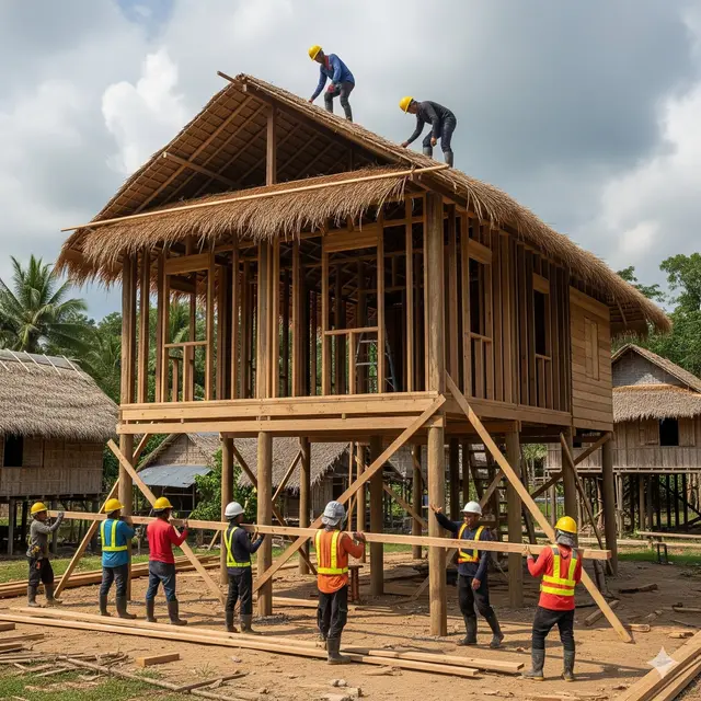 Ilustrasi tukang yang membangun rumah panggung 5 kamar di desa.