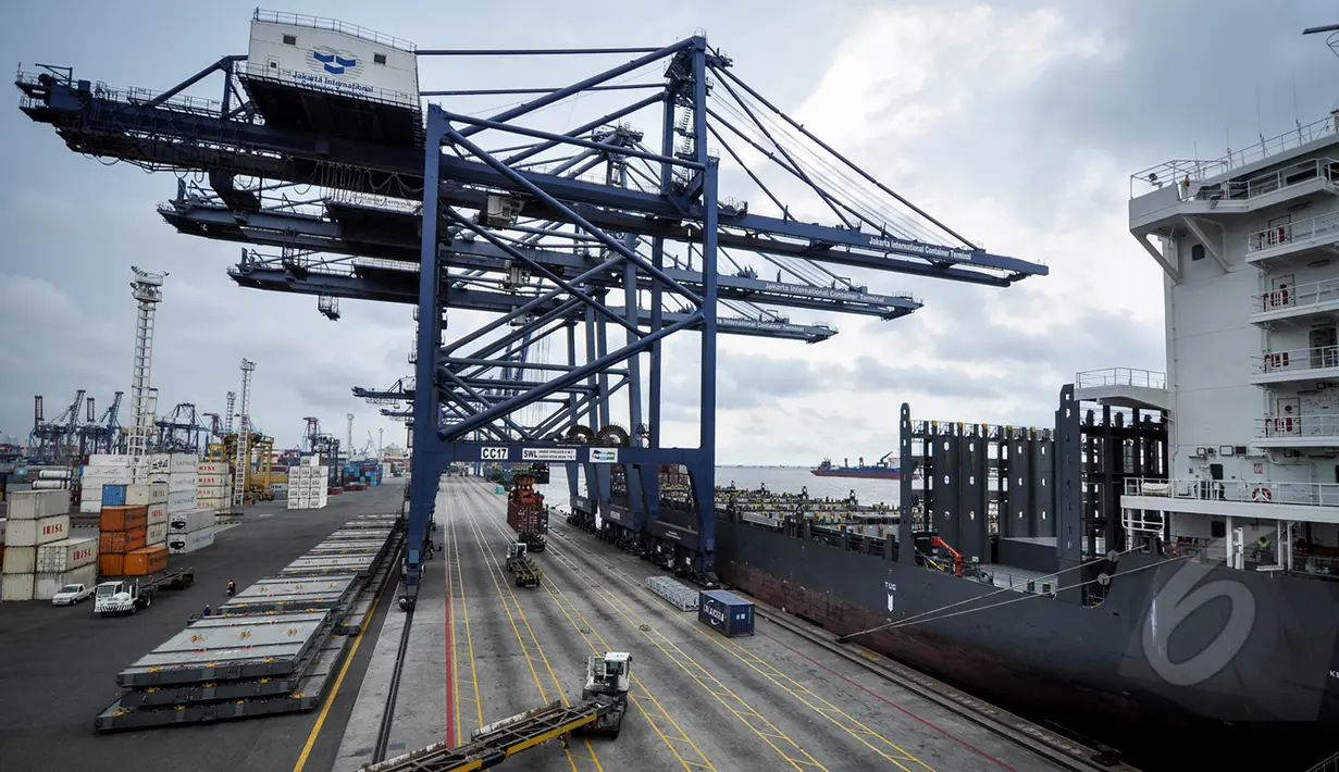 Sebuah Kapal container bersandar di pelabuhan JICT, Jakarta Utara, Rabu (25/3/2015).Pelindo II mencatat waktu tunggu pelayanan kapal dan barang sudah mendekati target pemerintah. (Liputan6.com/Faizal Fanani)