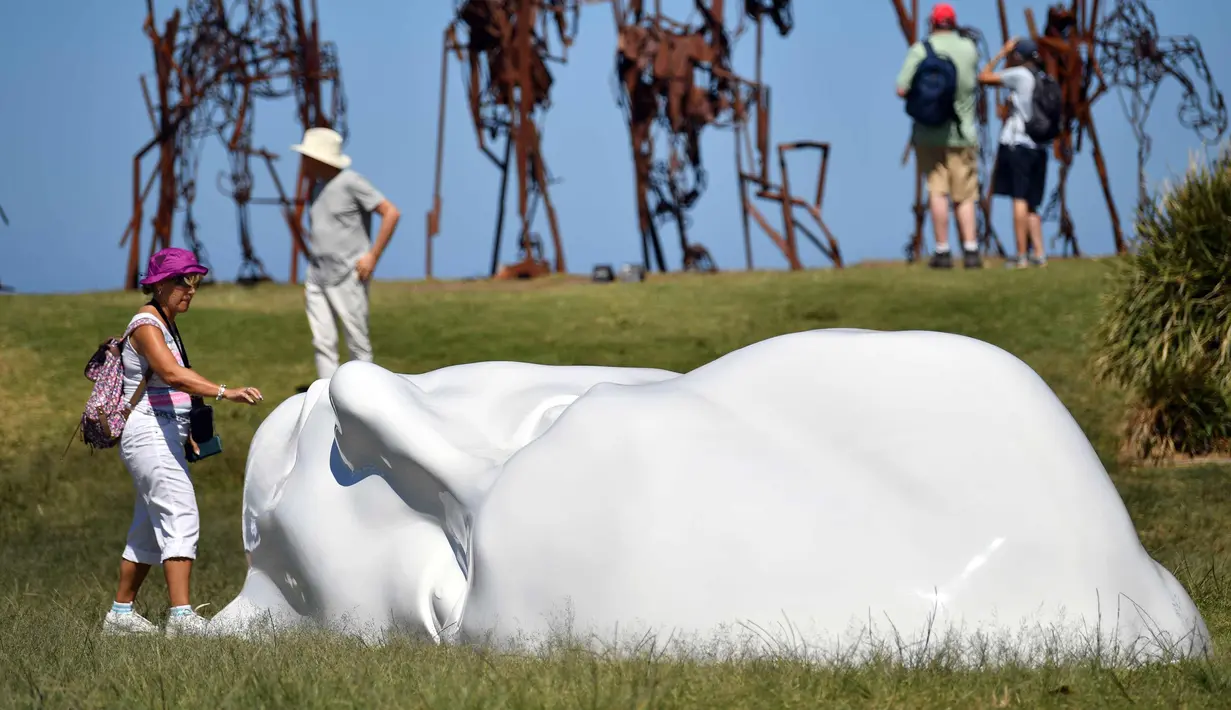 Pengunjung melihat patung seniman Sonia Payes selama pameran "Sculpture by the Sea" di dekat pantai Bondi di Sydney (19/10). Pameran ini menampilkan lebih dari 100 patung karya seniman dari Australia dan seluruh dunia. (AFP Photo/Saeed Khan)