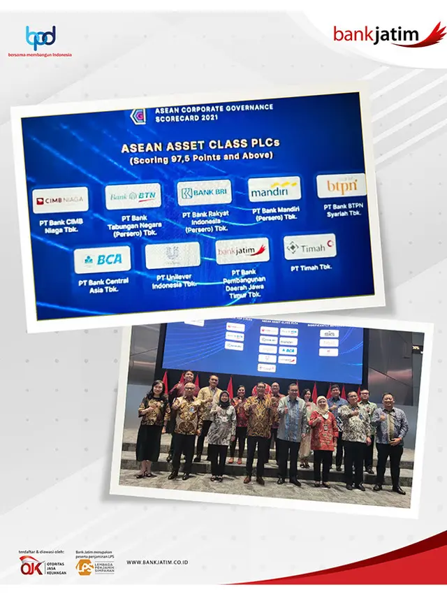 Konsistensi Bank Jatim Terapkan GCG Berbuah Manis, Raih Penghargaan ASEAN Asset Class PLCs