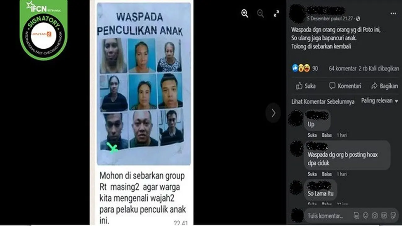 Gambar Tangkapan Layar Foto yang Diklaim Wajah Pelaku Penculikan Anak (sumber: Facebook).